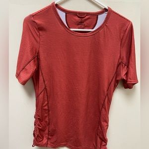 PrAna Women's Size M Orange Striped Stretch Crew Fitted Long Rouched swim